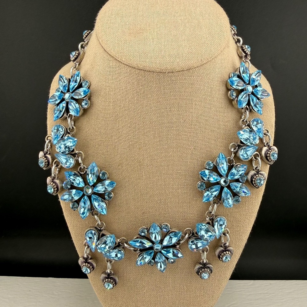 Rodrigo Otazu Rhinestone Flower Necklace Silver Tone Aqua Formal 18”